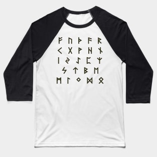 Futhark Rune Alphabet Stickers in Burnt Wood and Green Sap Baseball T-Shirt